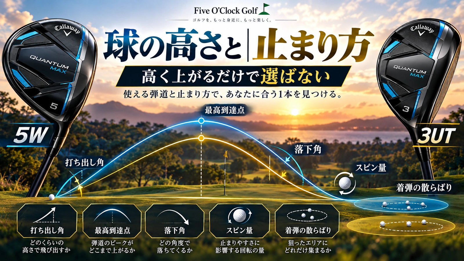 フェアウェイ、ラフ、ティーショットの場面別に5Wと3UTを検討する図