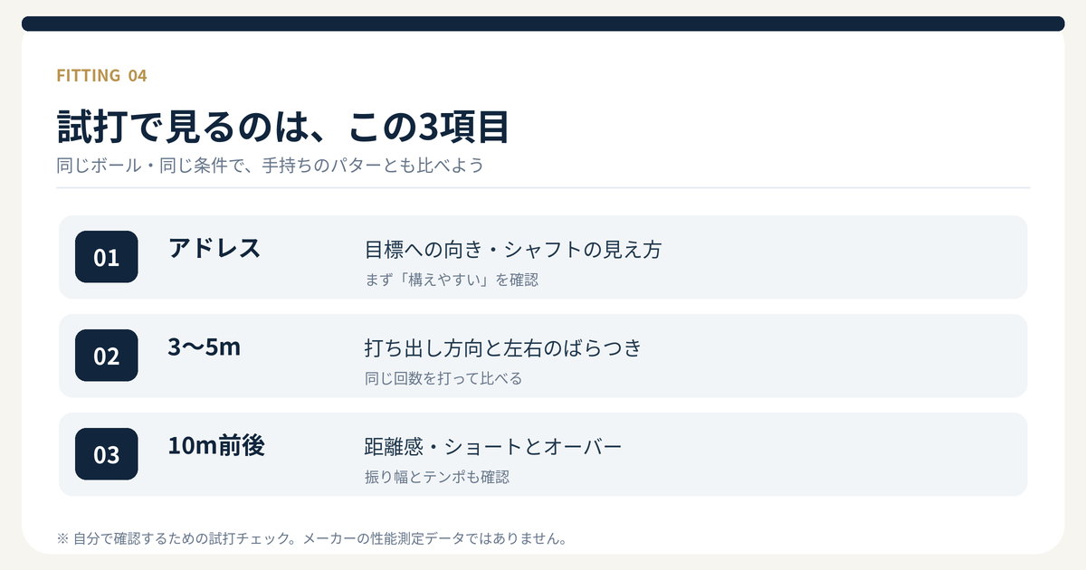 TRI-HOTを試打するときの3項目。構えやすさ、3〜5メートルの方向性、10メートルの距離感を確認