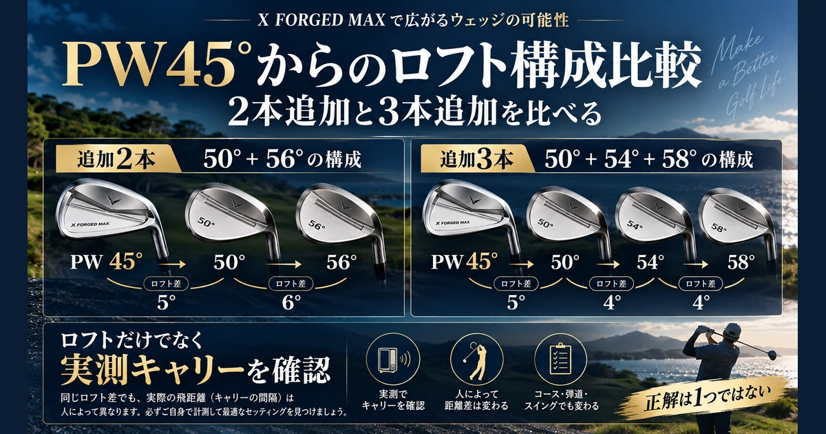 X FORGED MAXのPW45度から追加2本50度・56度と追加3本50度・54度・58度のロフト差を比較する構成図